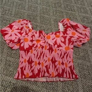 Floral Puff Sleeve Blouse - Red and Pink